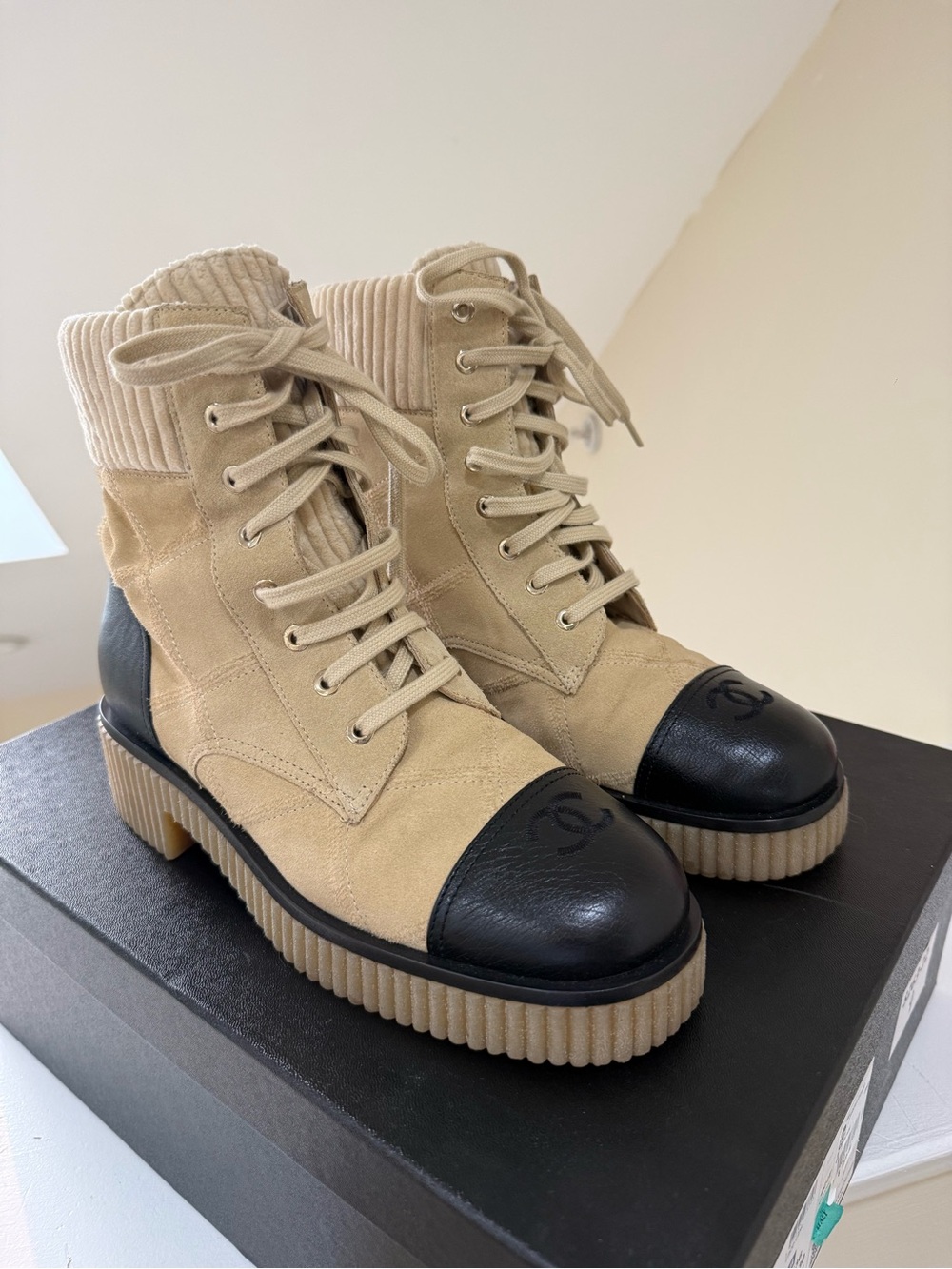 CHANEL Beige Suede and Black Leather Cap-Toe Lace-Up Boots
